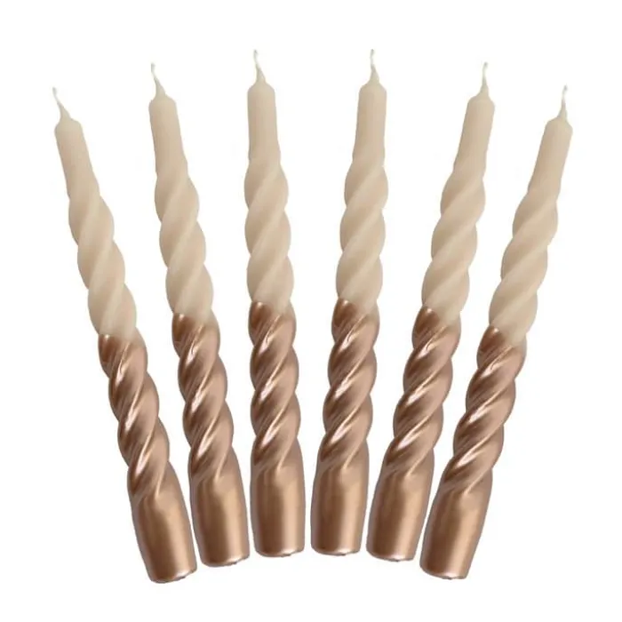 Candles with a twist Lys - 6 stk. Ø 2,2 x H 21 cm - 100% paraffin - Rosa/guld