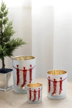 Casa Christmas Fyrfadsstage Ø 12 x H 18 cm - Glas - Frostet hvid/Rød/sølv
