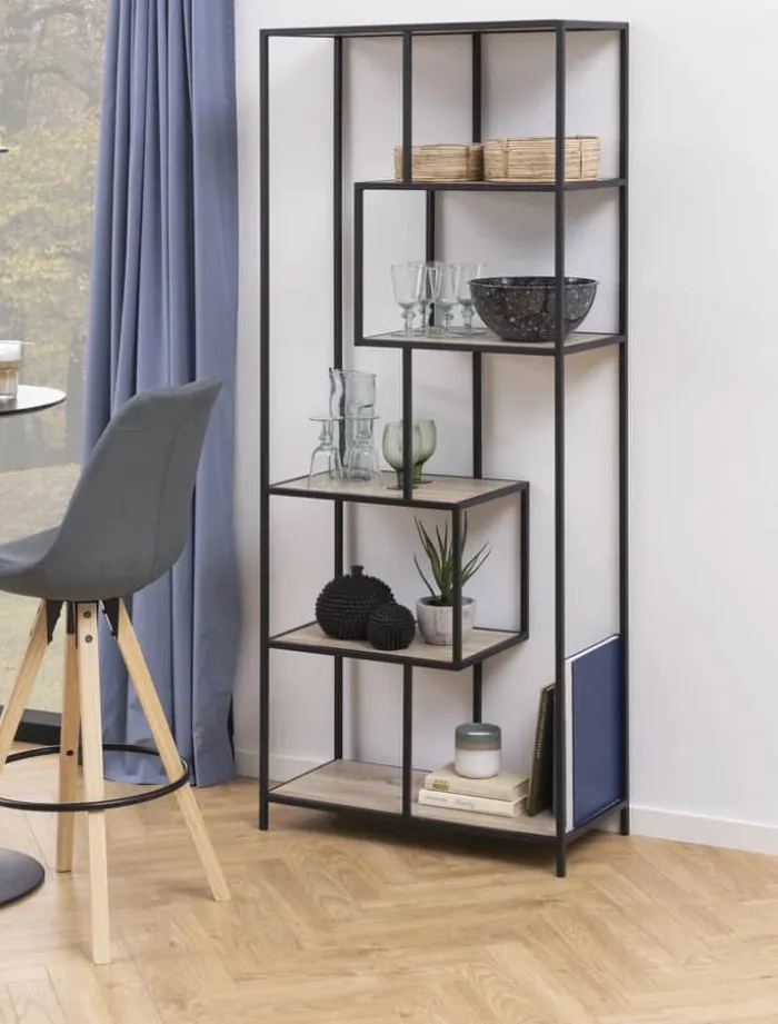 CASA Living Seaford Reol H 185 x B 77 x D 35 cm - Melamin/metal - Mørk eg/sort