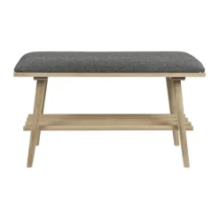 CASA Living Skobænk m. hylde og hynde H 46 x B 34 x D 80 cm - Egetræ/stof - Hvidpigmenteret/grå