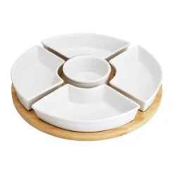 CASA Living Snacksæt - 6 dele Ø 27 cm - Porcelæn/træ - Hvid/natur