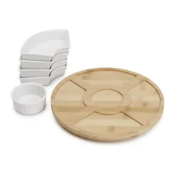 CASA Living Snacksæt - 6 dele Ø 27 cm - Porcelæn/træ - Hvid/natur