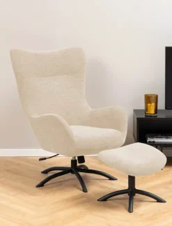 CASA Living Talgarth Lænestol m. Skammel H 105 x B 76 x L 86 cm - Stof/stål - Creme