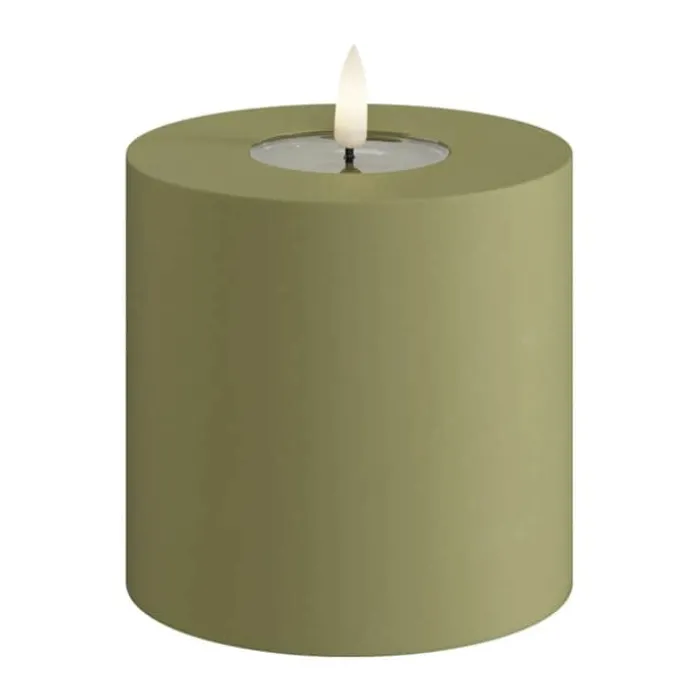Deluxe Homeart Real Flame LED Udendørs Bloklys Ø 10 x H 10 cm - Plastik/resin - Oliven Grøn