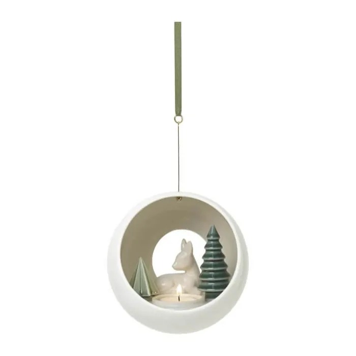 Dottir Winter Stories Fawn Hængende Fyrfadsstage Ø 13 cm - Porcelæn - Grøn/hvid