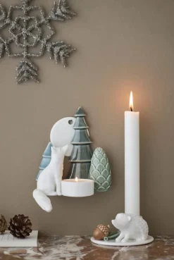 Dottir Winter Stories Fox Wall Votive Væghængt Lysestage H 13 cm - Porcelæn - White/green