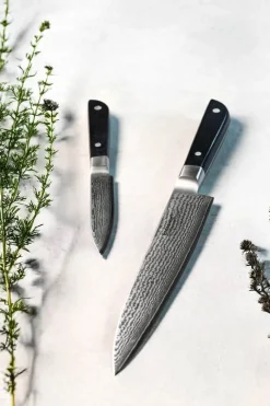 Endeavour Discovery PRO Knivsæt - 2 dele L 8,5/15 cm - Damaskusstål/pakkatræ - Sort
