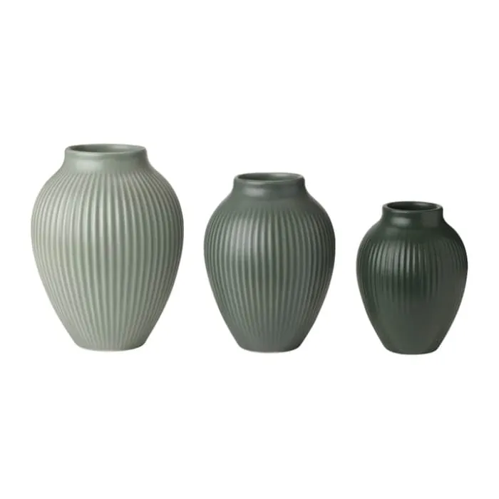 Knabstrup Keramik Riller Mini Vase - 3 stk. H 11/9,5/8 cm - Keramik - Ripple mat misty green/Celadon green/Dark green