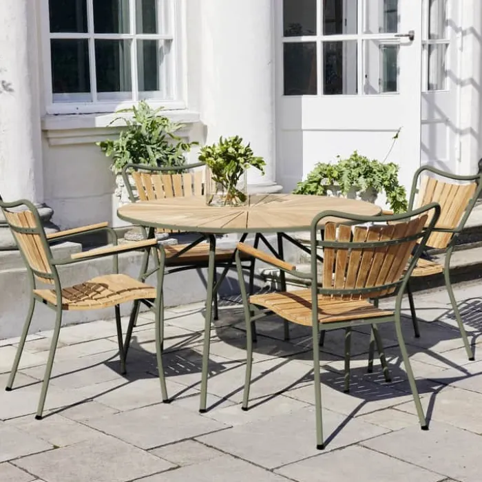 Mandalay Marguerit Havebord Ø 110 cm - Teaktræ/aluminium - Oliven grøn