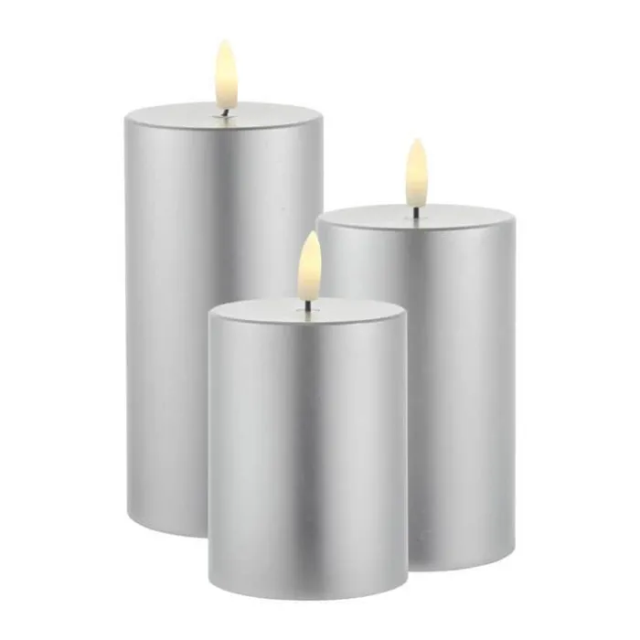 Sirius Sille Exclusive Bloklys - 3 stk. H 10/12,5/15 cm - Stearin - Sølvfarvet
