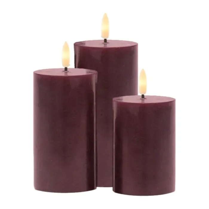 Sirius Sille Genopladelig LED Bloklys - 3 stk. Ø 7,5 xH 10/12,5/15 cm - Voks - Bordeaux