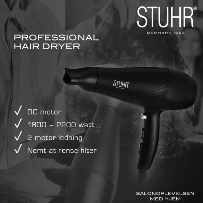 Stuhr Professional Hårtørrer 2200 watt - 5 indstillinger - Sort
