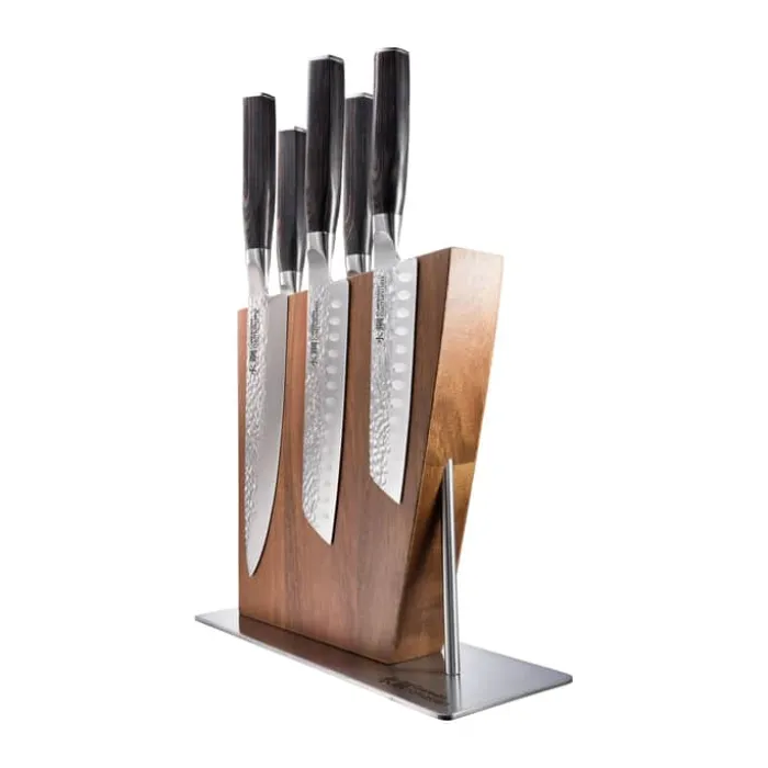 THE CUSTOM CHEF™ Cuisine::pro® Damashiro® Emperor™ Nanashi Knicblok - 6 dele L 20/20/17/17/14 cm - Japansk rustfrit stål/Pakkatræ - Sølvfarvet/natur