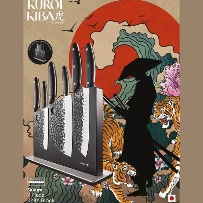 THE CUSTOM CHEF™ Cuisine::pro® Kuroi Kiba™ Knivblok - 7 dele L 17,5/14/15/18/12/9 cm - Japansk rustfrit stål/Pakkatræ - Sort