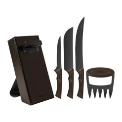 Tramontina Churrasco Black Knivblok - 5 dele 3 knive, 1 pulled pork gafel + knivblok - Stål/kirsebærtræ