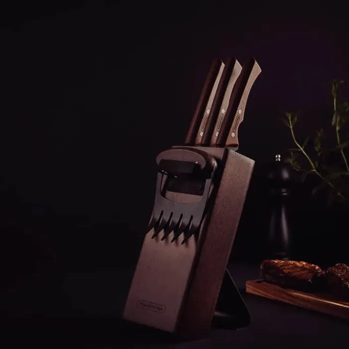 Tramontina Churrasco Black Knivblok - 5 dele 3 knive, 1 pulled pork gafel + knivblok - Stål/kirsebærtræ