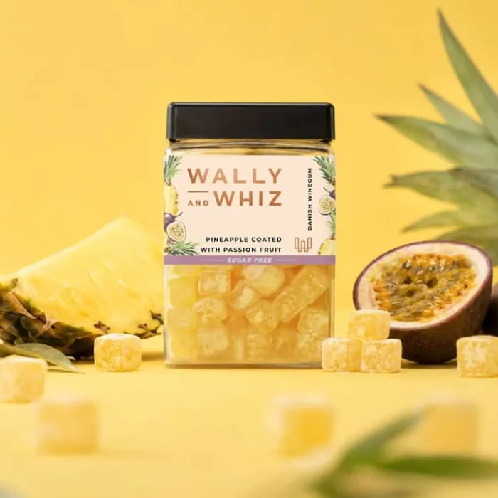 Wally and Whiz Vingummi - Ananas med passionsfrugt 240 gram - Sukkerfri - 1 bøtte